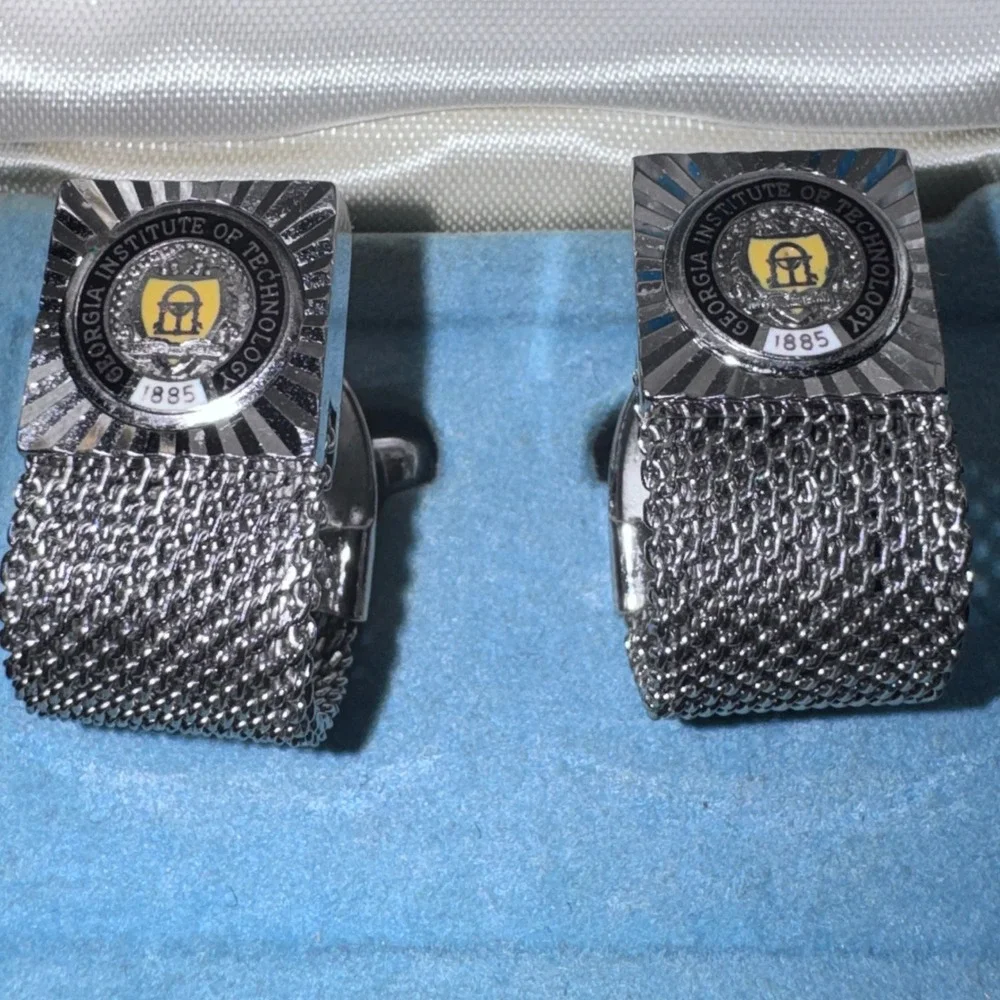 Vintage Jostens Georgia Tech Cufflinks Silver Tone Mesh Wrap Around Lindor Box